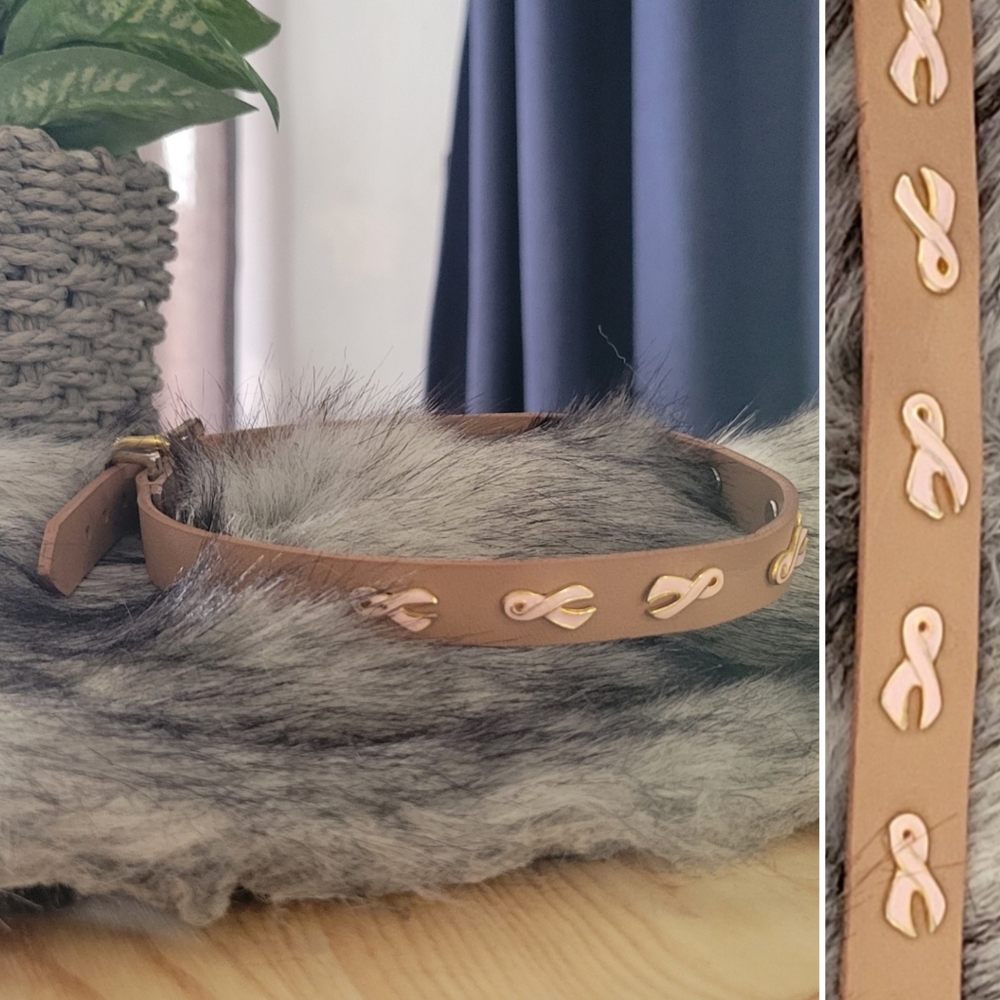 Dog collar, brown leather, breast cancer logo, 18" total length